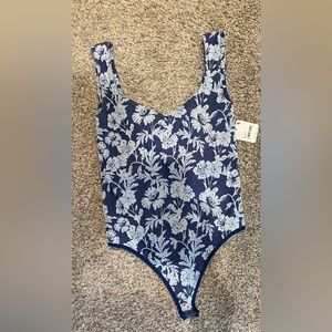 Free People Printed Clean Lines Blue Floral Print Sleeveless Bodysuit